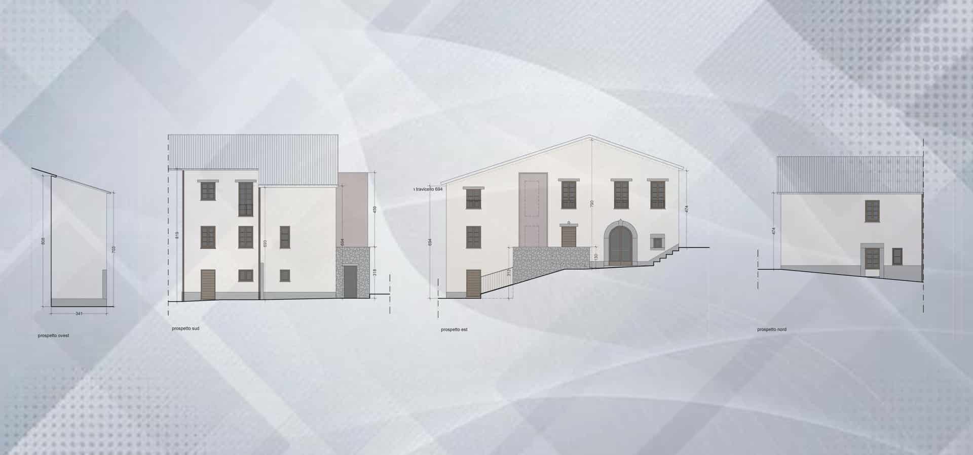 Progetto architettonico che mostra le viste frontale, laterale e posteriore di un edificio a due piani con tetto a due falde, finestre e ingresso ad arco su uno sfondo sfumato.